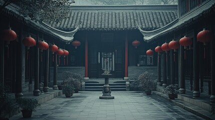 A serene view of a Chinese temple courtyard, decorated with red lanterns for New Year.