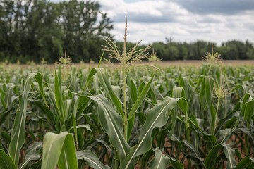 Field of first-year grain corn plants at the four to six leaf stage in Ontario, Canada.