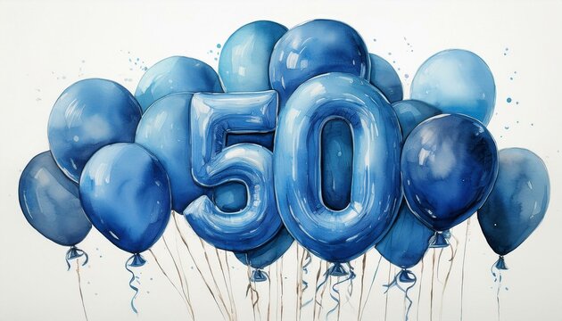 Blue birthday / anniversary balloon, number 50, watercolor painting with white background - Powered by Adobe