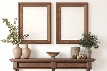 Stylish living room interior with drawer with art decoration concept with mock up canvas poster on molding wall image. Stylish scandinavian dining room interior with wooden table.