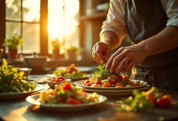  A chef hands preparing food on a dish in the kitchen with warm light through the glass window in the background