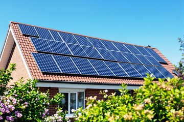 Fototapeta premium Solar panels installed on a house roof among lush greenery and blooming flowers under a sunny blue sky. Concept of clean energy and sustainability. Ai generative