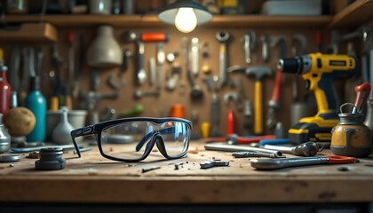 A workshop with a safety glasses on wooden table with various tools and parts hanging on the wall in the background