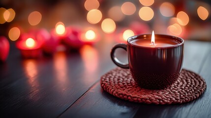 Fototapeta premium A dark chocolate candle ion coffee cup , brown table with warm caramel and blush pink bokeh lights glowing softly in the background, adding a cozy and romantic Valentine vibe. 