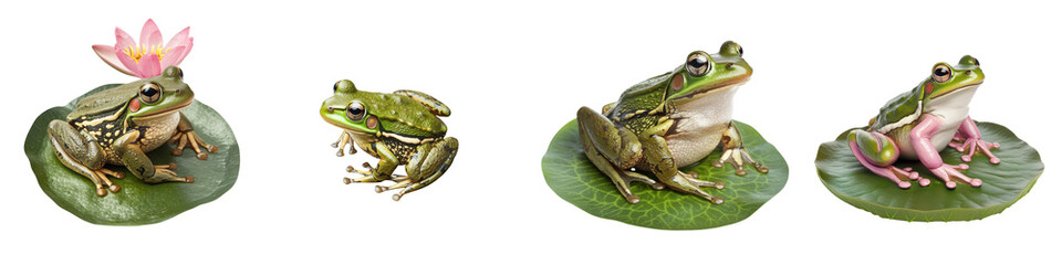Beautiful Green Tree Frogs Sitting Gracefully on Lush Green Lily Pads in a Peaceful Pond Surrounded by Vibrant Lotus Flowers and Foliage
