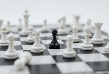A black chess piece in the center standing out from other white chess pieces