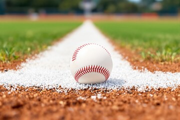 Close-up of a baseball resting on a white chalk line, placed on a dirt field with grass in the background. Outdoor sports concept. Ai generative