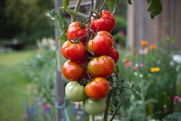 A cluster of red and green tomatoes hang on a vine, surrounded by a lush garden with blurred flowers in the background. Sunlight illuminates the vibrant colors.