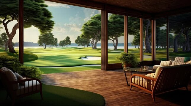 A room in a house with a view of a golf course. 4k animated video