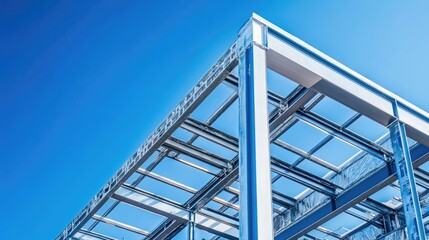 Obraz premium A steel framework of a modern building under construction, captured against a clear blue sky.