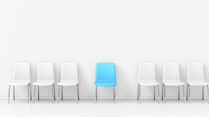 Obraz premium Blue chair standing out from the crowd symmetrical row of white chairs with one vibrant blue chair stands out. Business concept