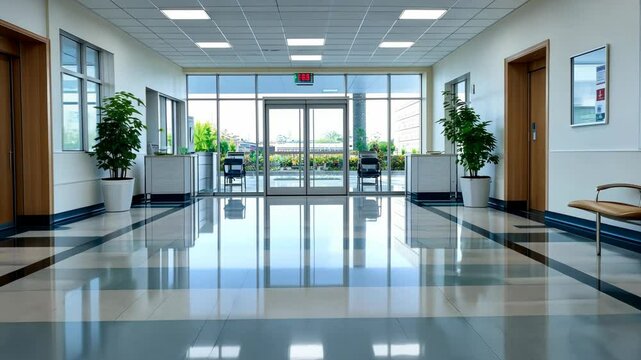 Brightly lit corridor in a hospital features polished floors and seating areas with plants, creating a welcoming atmosphere for visitors