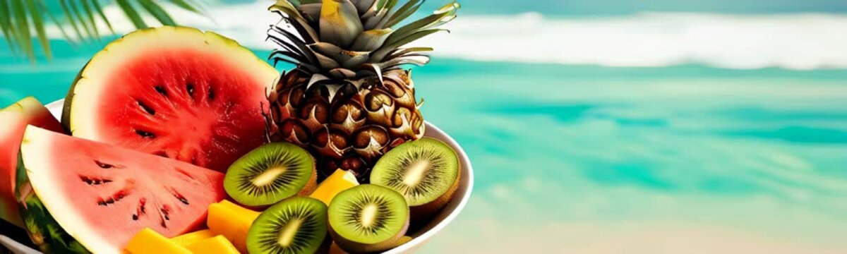 Plate with fresh fruits against turquoise ocean backdrop, copy space for text. Luxury resort. Travel and vacation concept. Banner template