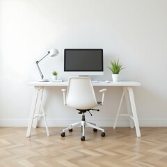 Fototapeta premium Modern workspace with a white desk placed by a computer, lamp and potted plant with a swivel chair on wooden floor against white wall, interior home decoration design