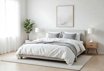 Modern white bedroom with double bed and pillows, a  picture frame on the wall, a potted plant on the corner near a glass window covered white curtain, interior home decoration design