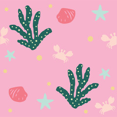 Fototapeta premium seamless pattern with seaweeds, corals, seashells, starfishes and sea urchin isolated. Underwater bouquet, Illustration for greeting cards,