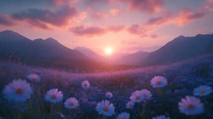 Fototapeta premium Vibrant sunset over a field of wildflowers in mountains.