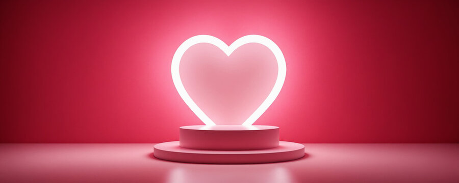Empty light podium with glow neon on abstract background with heart shaped and copy space. Modern platform for product placement or montage, promotion, mock up. Wedding and Valentine's day concept.