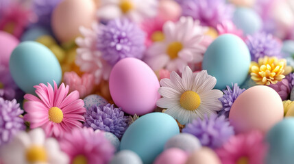 Lush Easter garden scene with colorful eggs and vibrant flowers