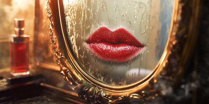 Vanity theme, an ornate gold framed mirror with condensation, vivid red lipstick kiss imprint at the center, person obsessed with their own image, the essence of narcissism and self obsession.