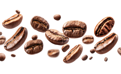 Floating roasted coffee beans isolated in mid-air, realistic brown aromatic coffee grains concept for drinks, cafe, and brewing design on transparent background
