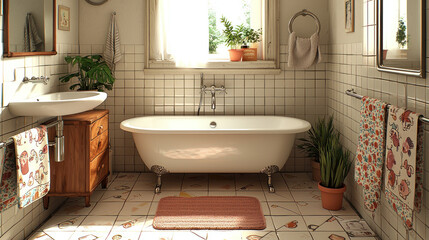 Sunny retro bathroom interior with clawfoot tub, plants, and patterned tiles