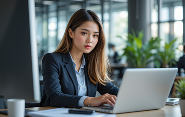 Busy young business woman executive using laptop working in office. Professional businesswoman entrepreneur at work, female hr manager looking at computer communicating with clients reading emails.