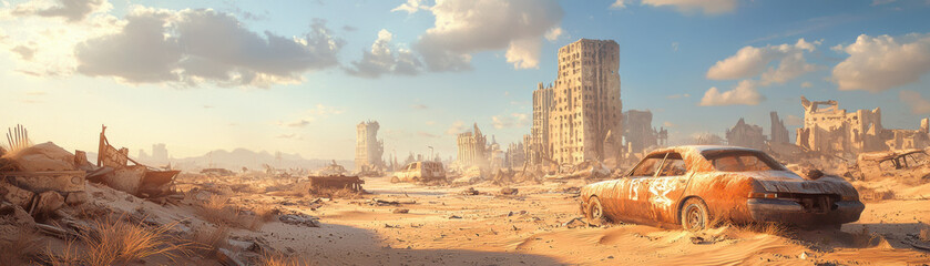 desolate landscape featuring rusty car in post apocalyptic world