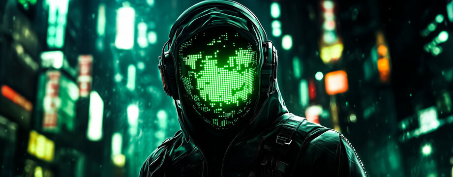 Futuristic figure in a hood with a glowing green digital mask in a cyberpunk cityscape. - Powered by Adobe