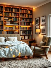 Modern bedroom with a cozy bed, a bookshelf, and a chair, adorned with fairy lights around the room, interior home decoration
