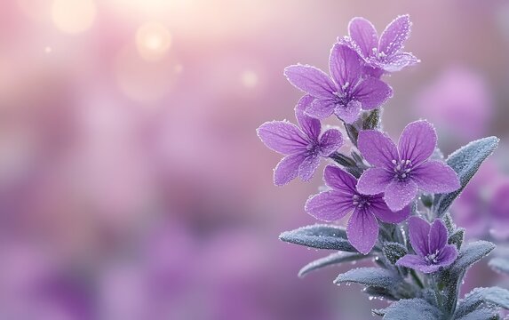 Fototapeta Delicate purple flowers with morning dew.