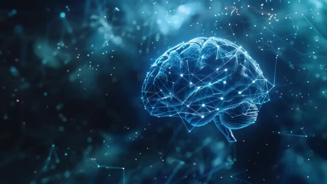 A brain is shown in a blue background with a lot of lines and dots