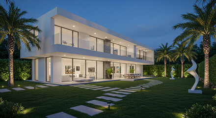 Obraz premium Modern Luxury Waterfront Villa at Night Illuminated Exterior Tropical Landscape