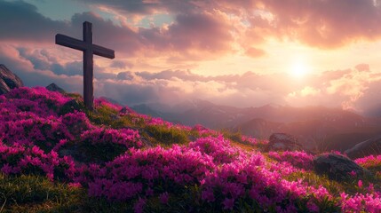Easter Morning Sunrise with Cross and Blooming Pink Flowers
