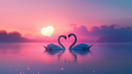 Fototapeta premium Two swans forming heart shape with their necks at sunset