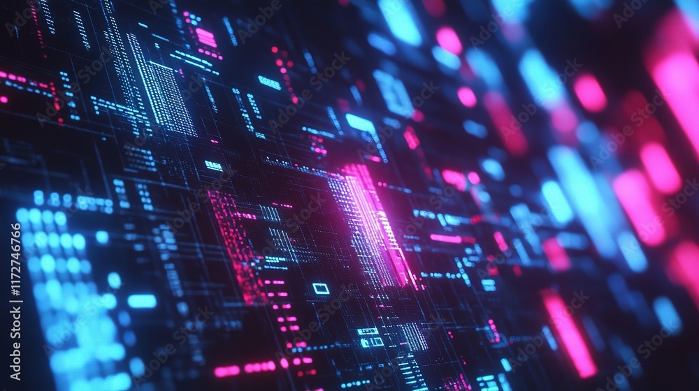 Poster abstract digital currency symbols floating on screen in futuristic style
