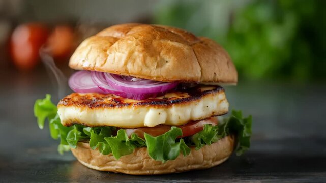 Grilled halloumi burger with fresh lettuce, tomato, and red onion in a golden toasted bun