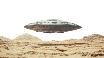 Spaceship descends onto the surface of an alien planet during a bright day. Isolated on transparent background, png.