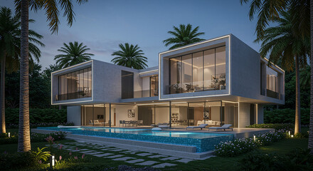 Modern Luxury Villa with Infinity Pool at Dusk Tropical Landscape