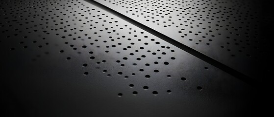 Abstract dark metal sheet with perforated holes and a diagonal seam.