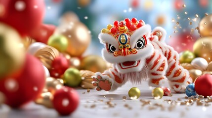 Fototapeta premium Festive lion dance performance cultural celebration digital artwork colorful environment close-up view tradition and joy