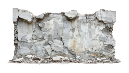 Horizontal section of cracked concrete wall with orange rust stains, rugged construction debris and demolition material concept isolated on transparent background