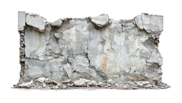 Horizontal section of cracked concrete wall with orange rust stains, rugged construction debris and demolition material concept isolated on transparent background