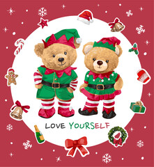 card template of cute bear doll couple in elf costume vector illustration