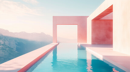 Fototapeta premium Infinity pool overlooking a serene lake and misty mountains.