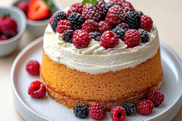 Berry Cream Cake on Plate, Kitchen Counter, Dessert