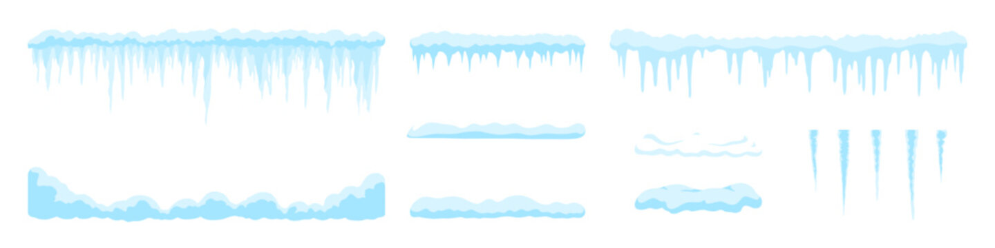 Snow cap. Icicle on the roof. Ice frost vector set. Snowfall template. Snowfrift mock up. Snowy pile set.