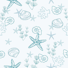 seamless pattern with seaweeds, corals, seashells, starfishes and sea urchin isolated. Underwater bouquet, Illustration for greeting cards,