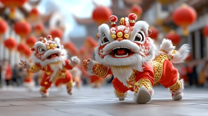 Celebrating lunar new year with vibrant lion dance performances in colorful streets festive atmosphere cultural celebration