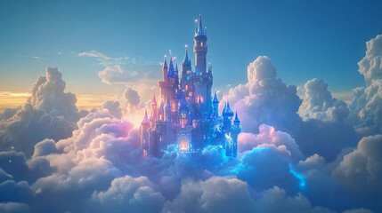 Magical Castle in the Clouds with Glowing Light Effects